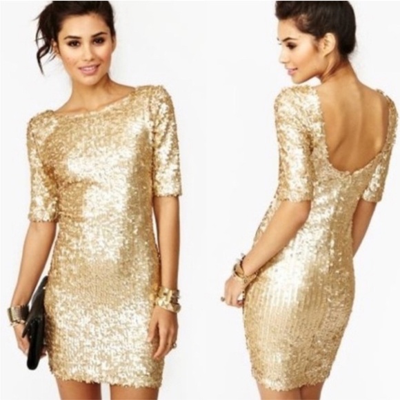 Ark & Co Dresses & Skirts - Ark & Co Matte Gold Feather Sequin Short Sleeve Mini Dress Size Small